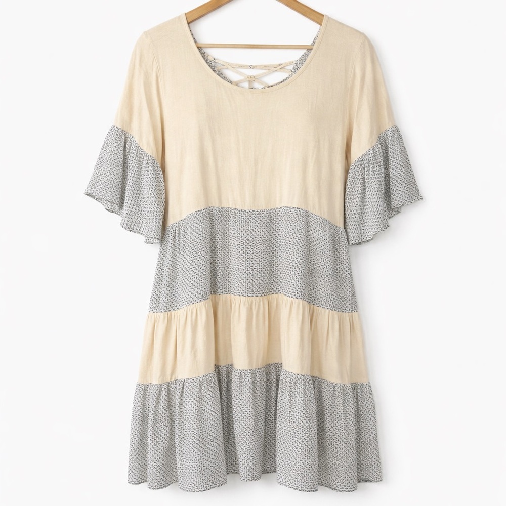 Easel Boho Tiered Prairie Dress Lace Up Back Flare Sleeve Small - Picture 9 of 9